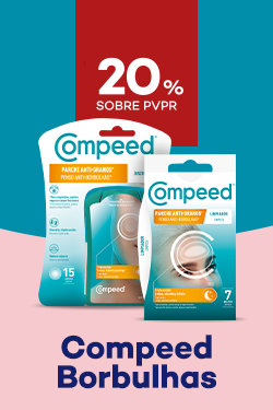 Pensos para borbulhas da marca Compeed com destaque promocional de 20% sobre preço de Venda ao Público Recomendado